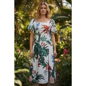 NWT FARM RIO Midnight Macaw Fiesta SM Midi Dress Puff Sleeves Linen Resort